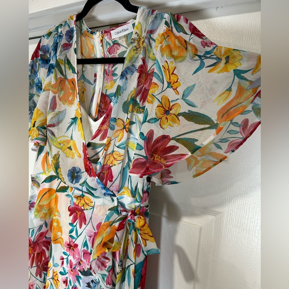 Calvin Klein White Floral Wrap Dress with Red, Yellow & Blue Blooms - Picture 4 of 5